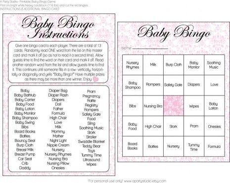 free baby shower bingo printable- instead of reading the list- i have the guest play this durning presant time- that way they all pay attention to what mom to be is getting as a gift!!!! i also bought a bag of hersey kisses to be what they mark with- then they can keep the kisses to eat ;) have blue for boys too