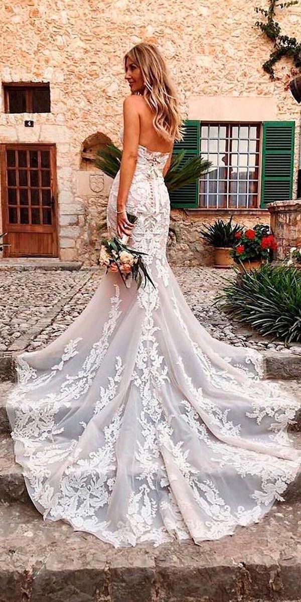 Mermaid Lace Open Back Strapless Neckline With Train Beach Wedding