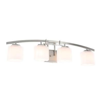 Hampton Bay Architecture 4 Light 32 75 In Brushed Nickel Transitional Bathroom Vanity With Etched White Glass Shades Transitional Bathroom Vanity Light, Mobile Home Bathroom Light Fixtures