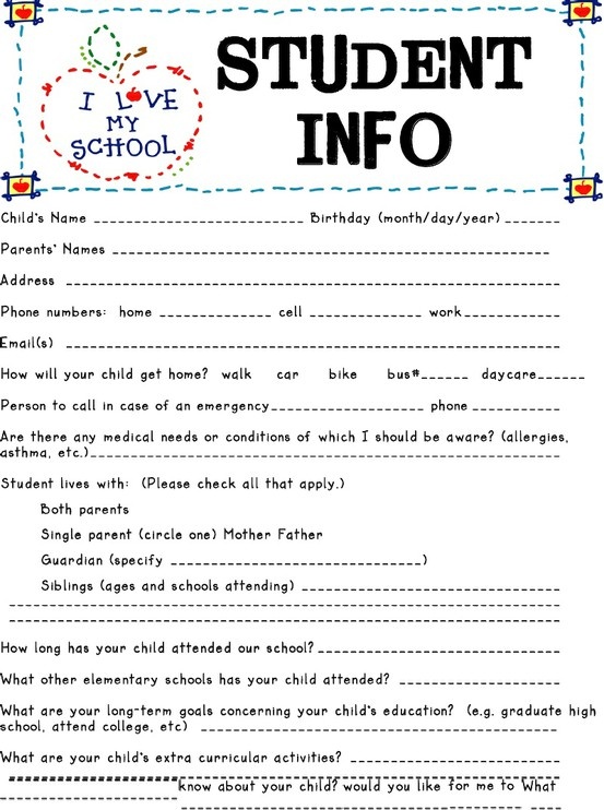 student information sheet student info student fact sheet template word