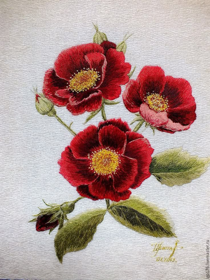 three red flowers with green leaves on a white background, painted in pastel pencil and watercolor