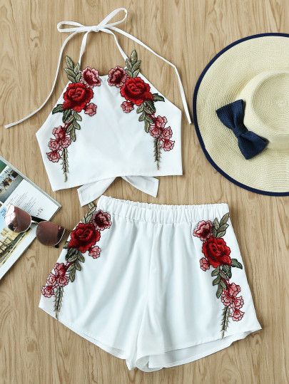 Top And Shorts Set mit Roseaufkleber,Schleife und Rückenfrei- German SheIn(Shei… Top And Shorts Set mit Roseaufkleber,Schleife und Rückenfrei- German SheIn(Shei…