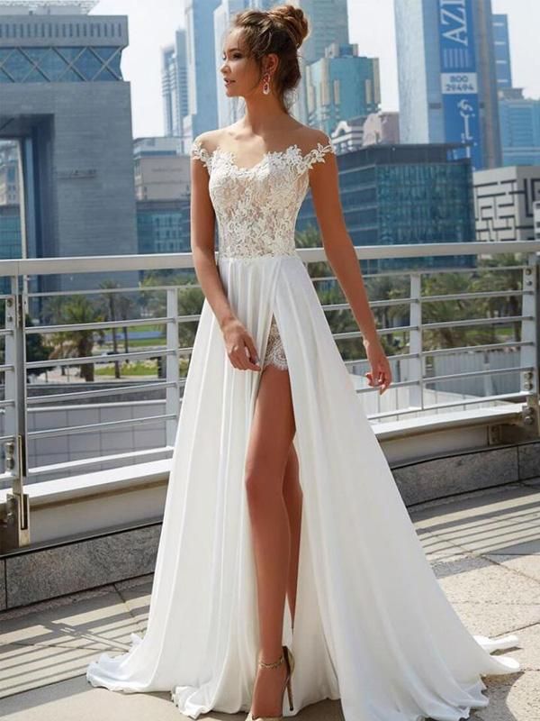 Off Shoulder See Through Cheap Wedding Dresses Online, Side Slit A-lin – LoverBridal