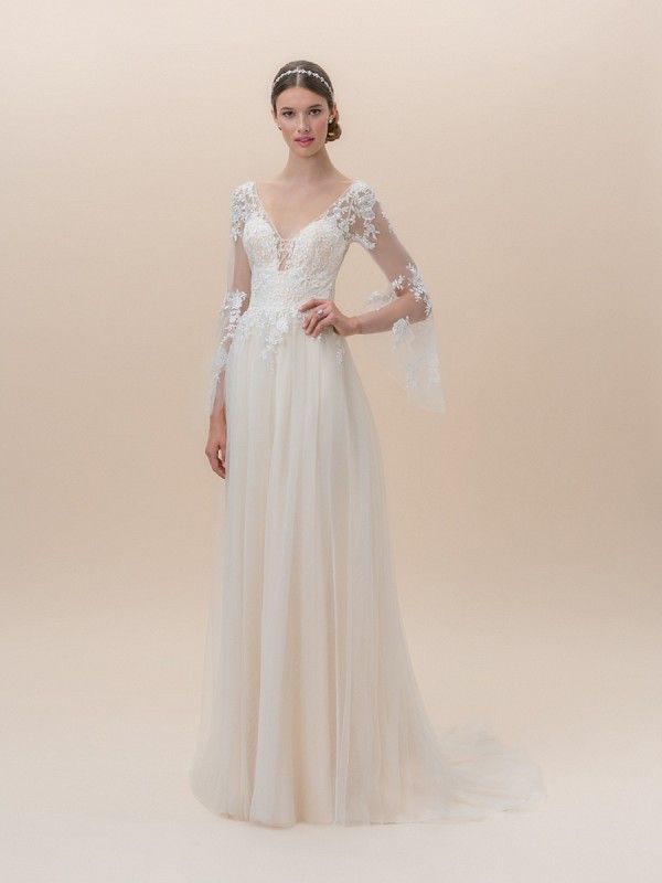 Moonlight Tango Boho Sleeve Net Wedding Gown Style T828 In 2018 Moonlight Tango T828 Long Bell Sleeve Bohemian Lace Wedding Dress With Y Illusion Inset Neckline Bohowedding Bride Bridal Weddingdress