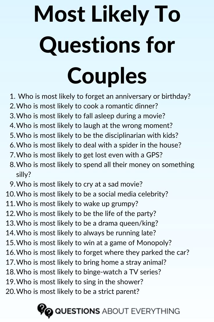 202 Fun Most Likely To Questions For Couples In 2024 Couple Questions E7846ac3af768a9a32b984f38093735e