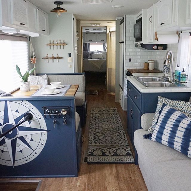 Are you not in love with this Follow gypsyandapirate for more photos of their RV makeover processrv motorhome motorhomes camper campers rvlife rvliving fulltimervlife fulltimervlifestyle fulltimervliving fulltimerv fulltimerver fulltimervers homeiswhereyouparkit camperlife fifthwheel digitalnomads gorving homeonwheels adventuremobile rvideas rvrenovation rvmakeover blueandwhitedecor orientalrug bohemiandecor wanderlust wanderlustdecor traveldecor traveltheme Camper Trailer Remodel, Diy Camper Remodel, Camper Renovation, Office Remodel, Rv Interior, Interior Remodel, Interior Ideas, Luxury Interior, Remodeling Campers Interior