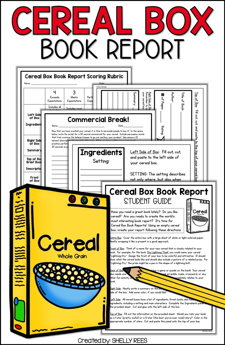 Cereal Box Book Report projects are fun, unique, and easy for students in 3rd, 4th, 5th, 6th grades and middle school! This creative book report idea has templates, rubrics, graphic organizers, writing activities, and awards! Students learn how to make a cool cereal box book report for fiction, nonfiction, and biographies with this DIY book report packet!