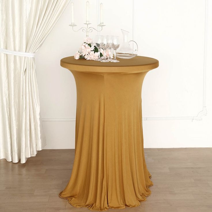 Gold Round Spandex Cocktail Table Cover With Natural Wavy Drapes gold-round-spandex-cocktail-table-cover-with-natural-wavy-drapes