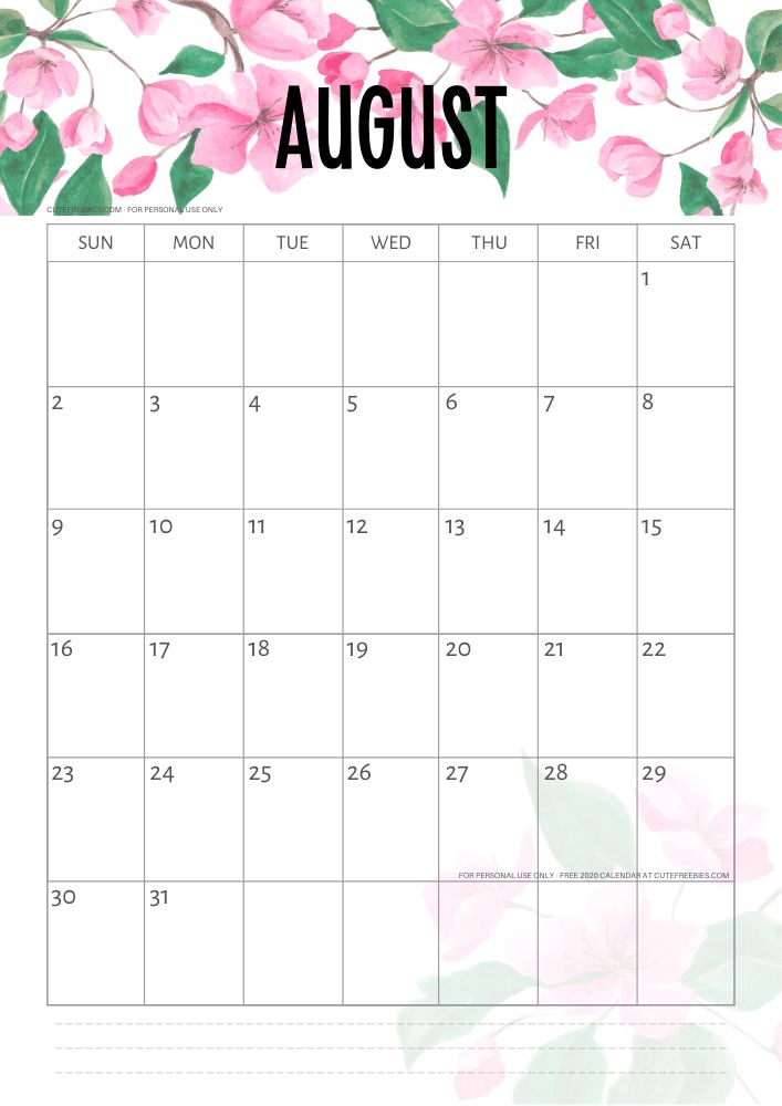 August 2020 Calendar Printable PDF Cute Freebies For You Calendar August 2020 Calendar Printable PDF Cute Freebies For You Calendar