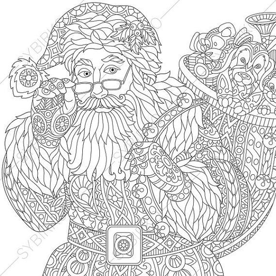 Adult Coloring Page Santa Claus Zentangle Doodle Book Pages For Adults Digital Illustration Instant Download Print