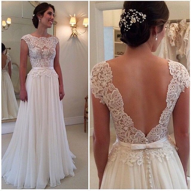 2016 Weiß /Elfenbein Chiffon Hochzeitskleid Spitze Kapelle Brautkleider V-zurü...