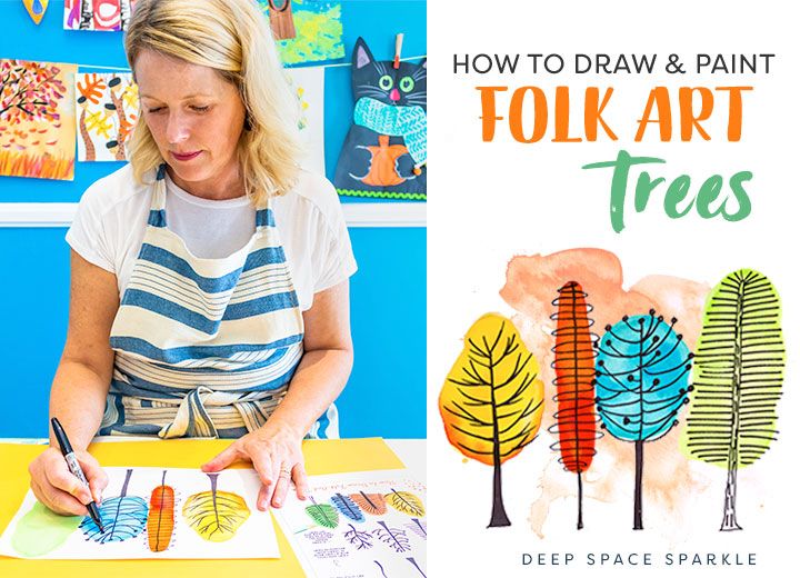 How To Draw And Paint Watercolor Folk Art Trees Deep Space Sparkle Deep Space Sparkle Elementary Art Projects Castle Art Projects