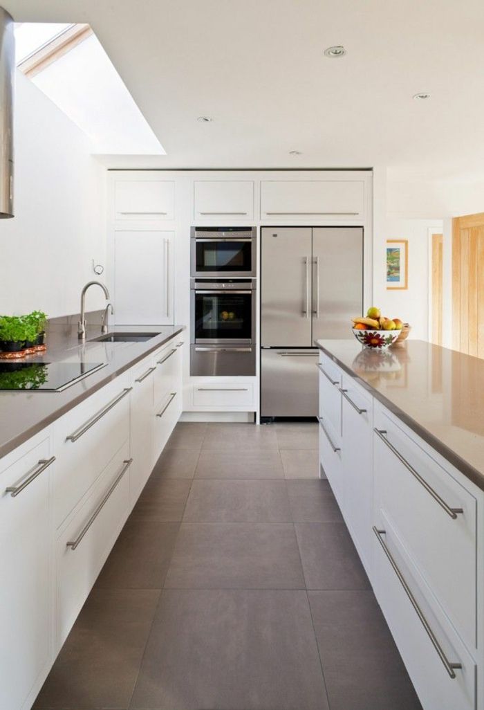 a modern kitchen with stainless steel appliances and white cabinetry, along with an open skylight