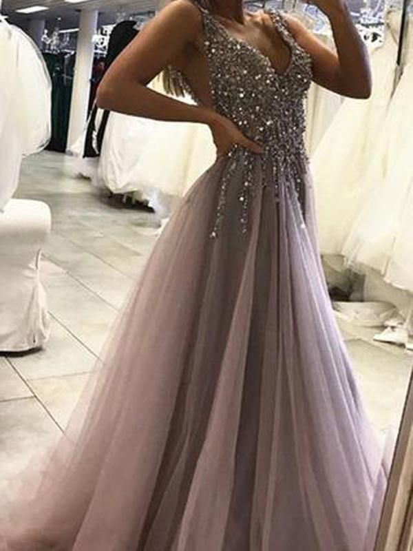 Amazing Sexy Backless Grey V Neck Beaded Long Custom Evening Prom Dresses, 17437 #prom #… Amazing Sexy Backless Grey V Neck Beaded Long Custom Evening Prom Dresses, 17437 #prom #…