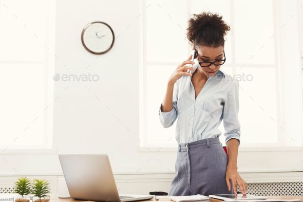 Business Woman With Mobile Phone Standing At Office With Images