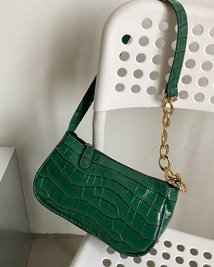 Chain Decor Croc Embossed Baguette Bag Bags Baguette bag Crocs
