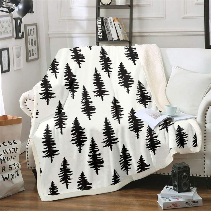 Homewish Black Pine Trees Printed Decor Throw Blanket White Background Bed Throws for Kids Teens Microfiber Flannel Fleece Blanket Soft Lightweight Bedspread Throw Size 50 x 60 Inches