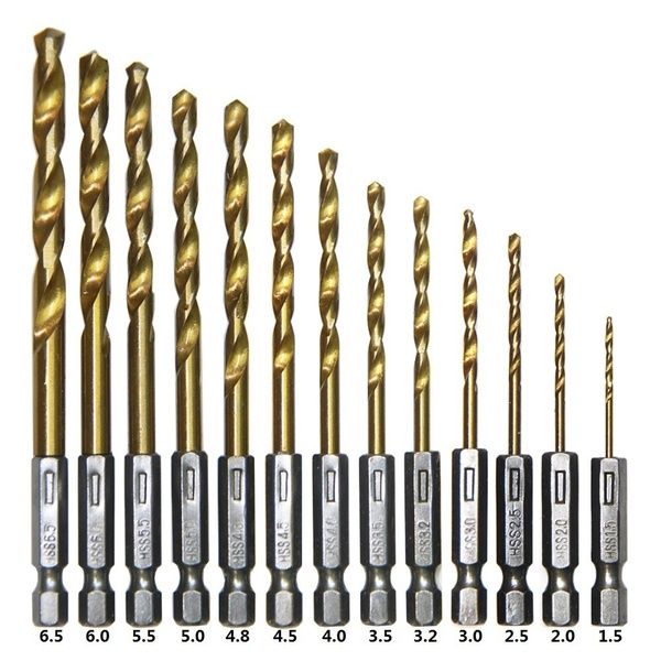 13Pc Titanium Coated Drill Bit Set With 1//4/" Hex Shank