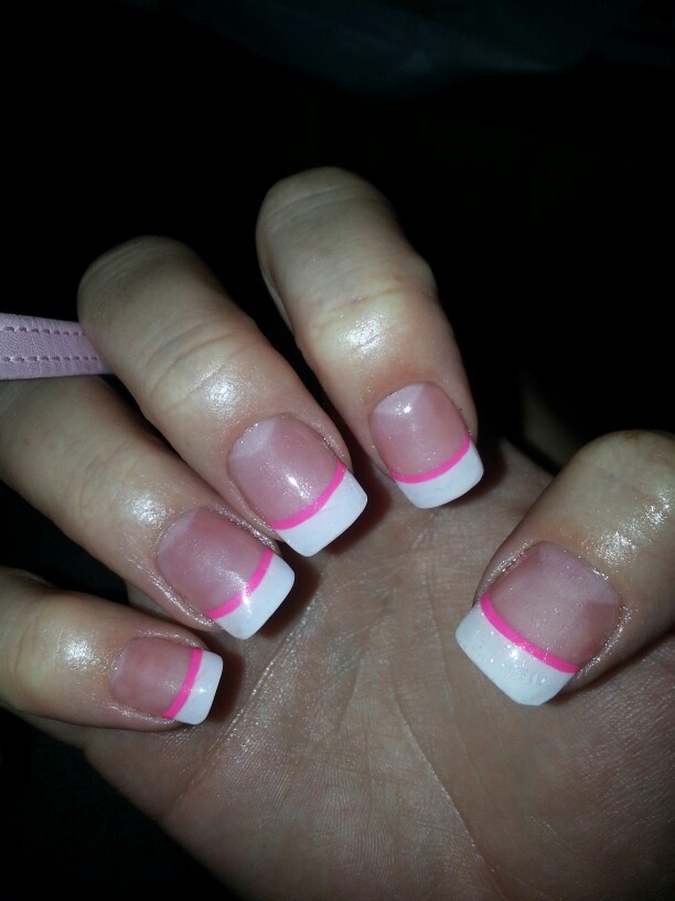 Pink And White French Tips With Hot Pink Design I Did Those Before Pink and white french tips with hot pink design I did those before. I did t | Cool Nails | Nails, French tip nails, French tip nail art - Pink And White French Tips With Hot Pink Design I Did Those Before