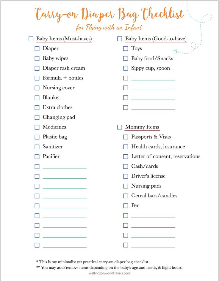 carry on diaper bag packing checklist for flying with a baby 0 6months