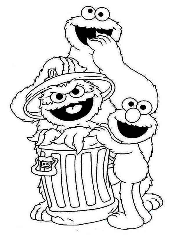 Sesame Street Cookie And Elmo With Oscar In Garbage Can Coloring