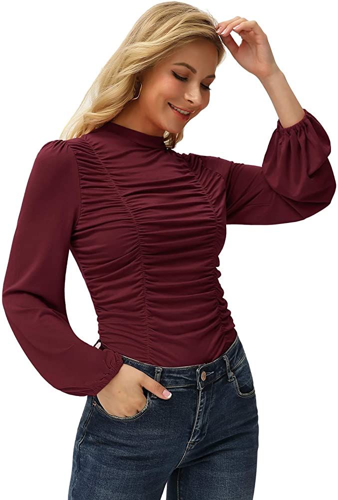 GRACE KARIN Womens High-Neck Shirt Pleated Front Fitted Long Sleeve ...