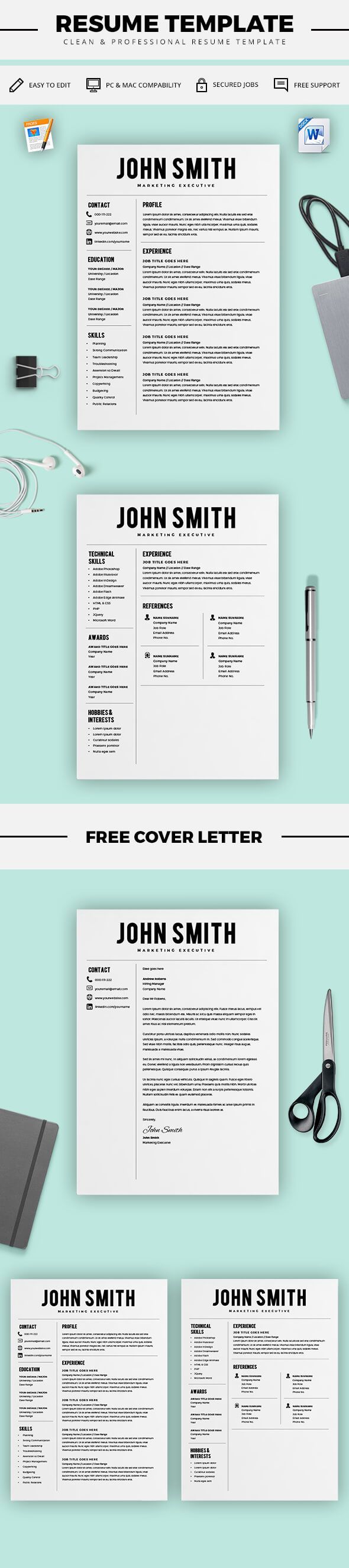 Resume Template - Resume Builder - CV Template + Cover Letter - MS Word on Mac / PC - Sample - Best Resume Templates - Instant Download