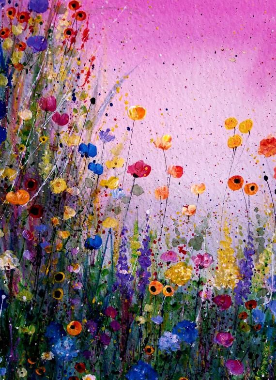 Abstract flowers painting Original mixed media painting on paper Wall art