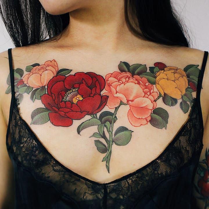 Flower Tattoo Idea Chest Tattoos For Women Tattoos For Women Flowers Chest Piece Tattoos
