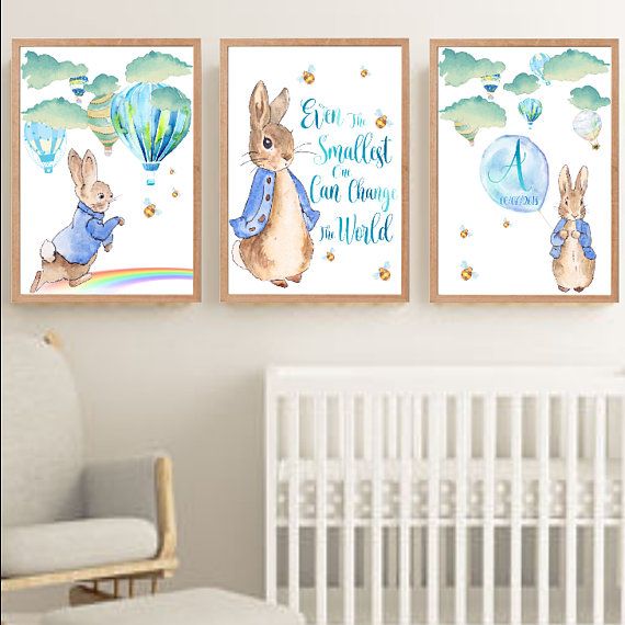 Peter Rabbit And Hot Air Balloons Nursery Decor Wall Art Print Set Hot Air Balloons Nursery Decor Wall Art