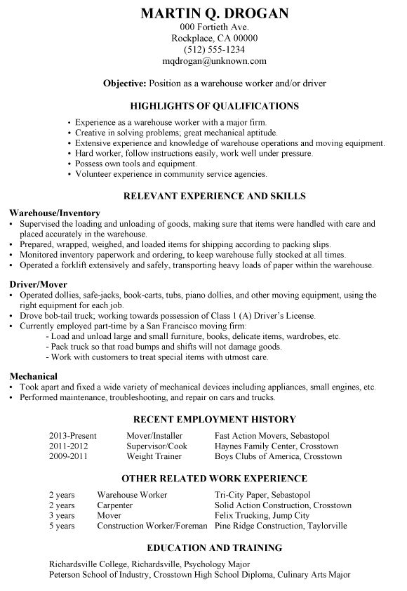 Example of a functional resume for a warehouse worker or driver. An older worker who hides spans of unemployment by listing number of years, not dates...