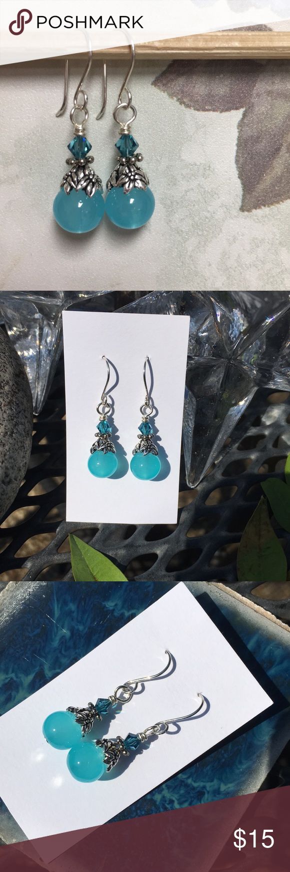 925 sterling silver ear aqua Swarovski flower caps 925 sterling silver ear wires...