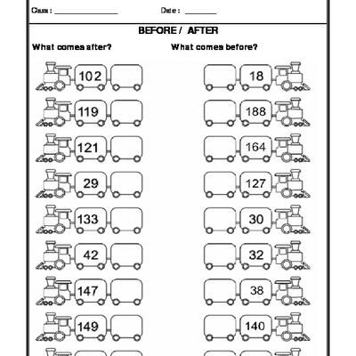 Math worksheets before and after numbers