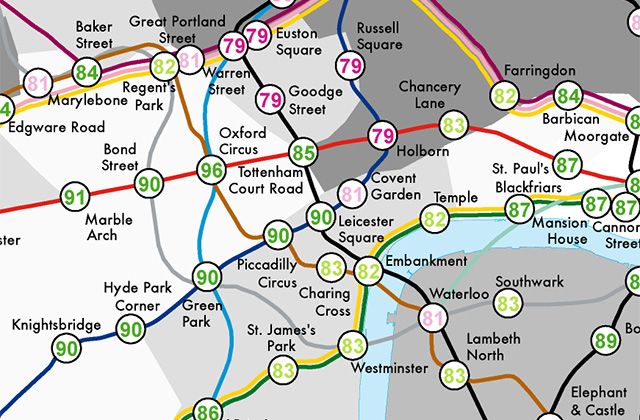 a map of the london underground system is produced to show how life expectancy varies from station to station