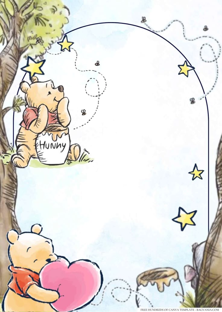 winnie the pooh holding a heart in front of a tree with stars on it