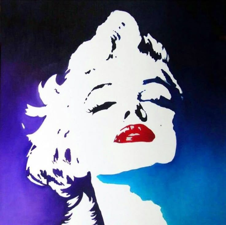 a painting of a woman with red lips and white hair is featured on a blue background