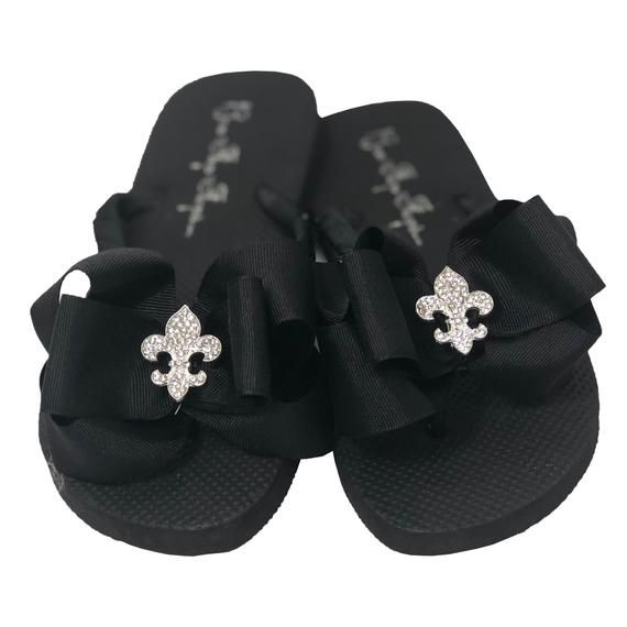 Ladies and Child Sizes Prom Black Rhinestone on Flat or Wedge Heel Fleur de Lis Bow Flip Flops Gymnastics Bridesmaids Pageant Sandals