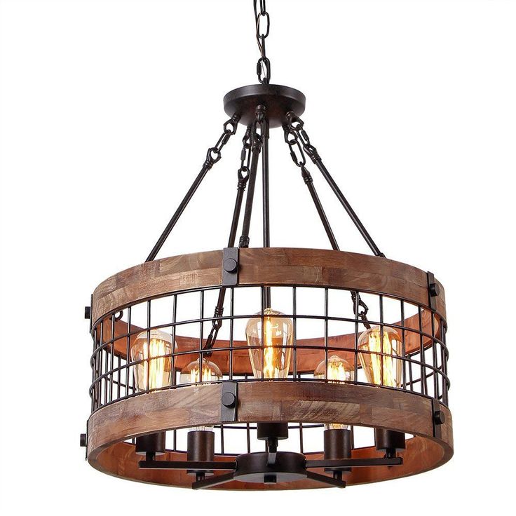 Farmhouse Wood Circle Chandelier Black Metal Cage 5 Light Exposed Bulbs Homary Lampe Suspendue Éclairage Décoratif Lumières En Bois Farmhouse Wood Circle Chandelier Black, Black Metal Round Chandelier