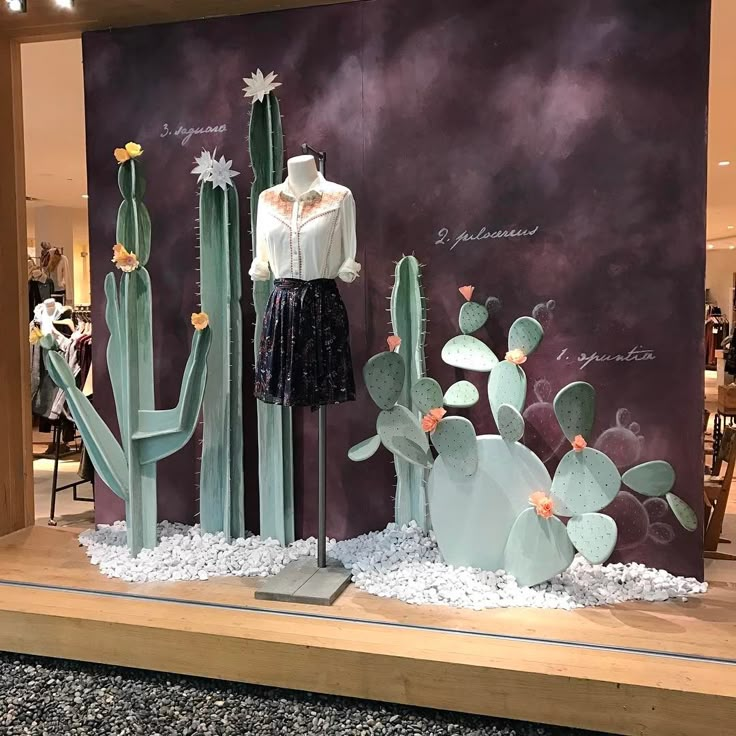 an assortment of cactus and cacti on display in a store window