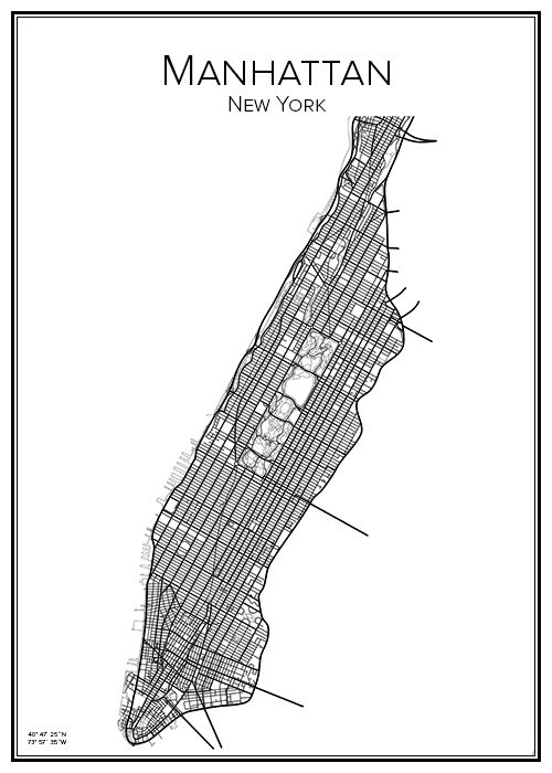 manhattan new york karta city print map print affisch