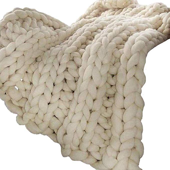 Cream 79x79in Chunky Knit Blanket, Arm Knit Blanket, Merino
