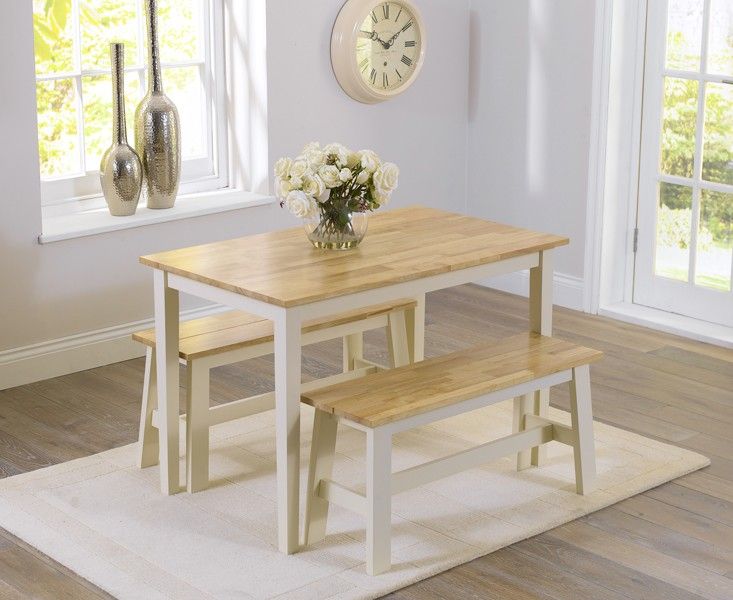 Chiltern 115cm Oak And Cream Dining Table Benches Mesa De Jantar Pequena Carvalho Decoração Sala Dining Table, Small Cream Dining Table Set