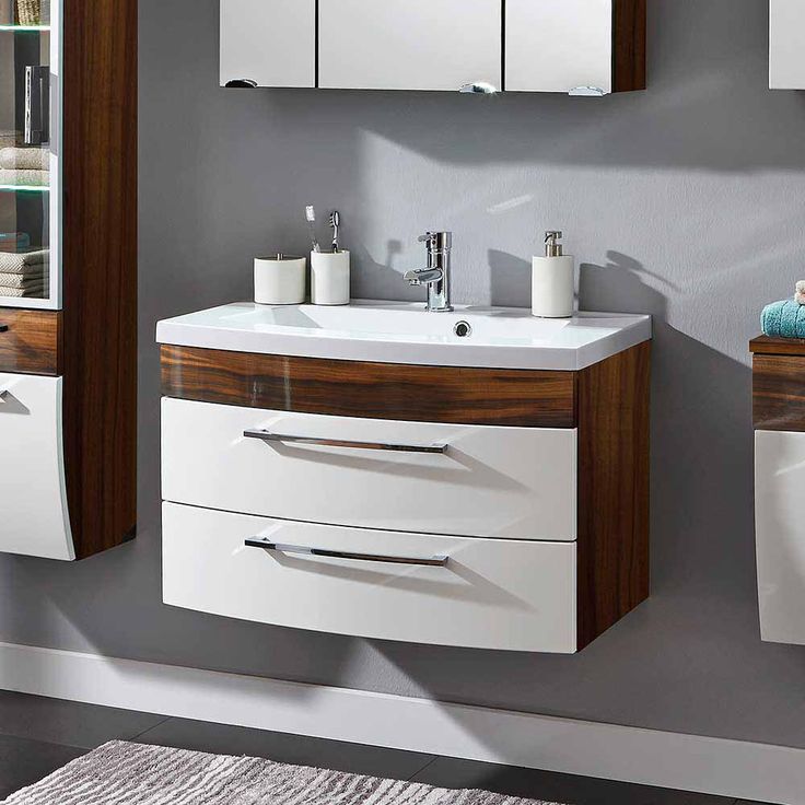 Badezimmer Waschbeckenschrank Badezimmer Waschbeckenschrank in Weiß Hochglanz Walnuss 2 Schubladen