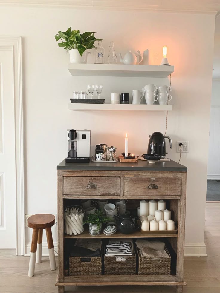 We Added A Stone Top To An Existing Piece Of Furniture And Floating Shelves To Create A Coffee Station Wohnung Kuche Kaffeestation Kuche Kuchen Vorratskammern