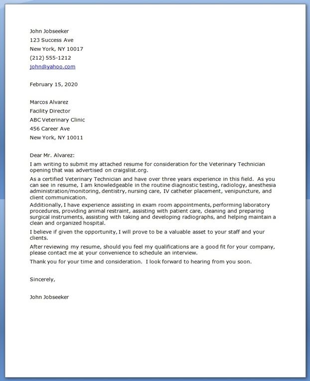 Vet Tech Cover Letter - great idea on formatting and introduction but this example should have been reviewed ;)