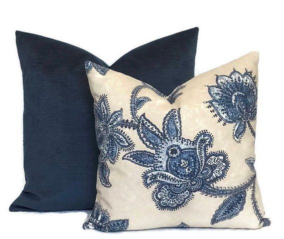 Fall Blue Floral Farmhouse Pillow Blue pillow cover Blue throw pillow