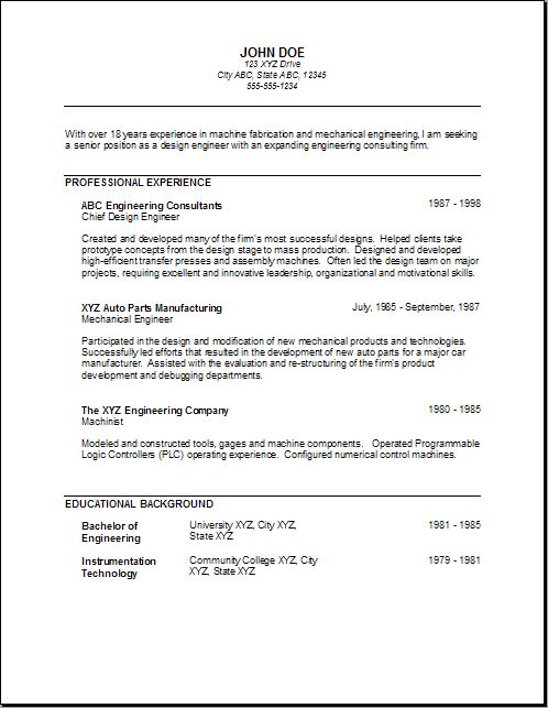 fresher mechanical engineer resume format