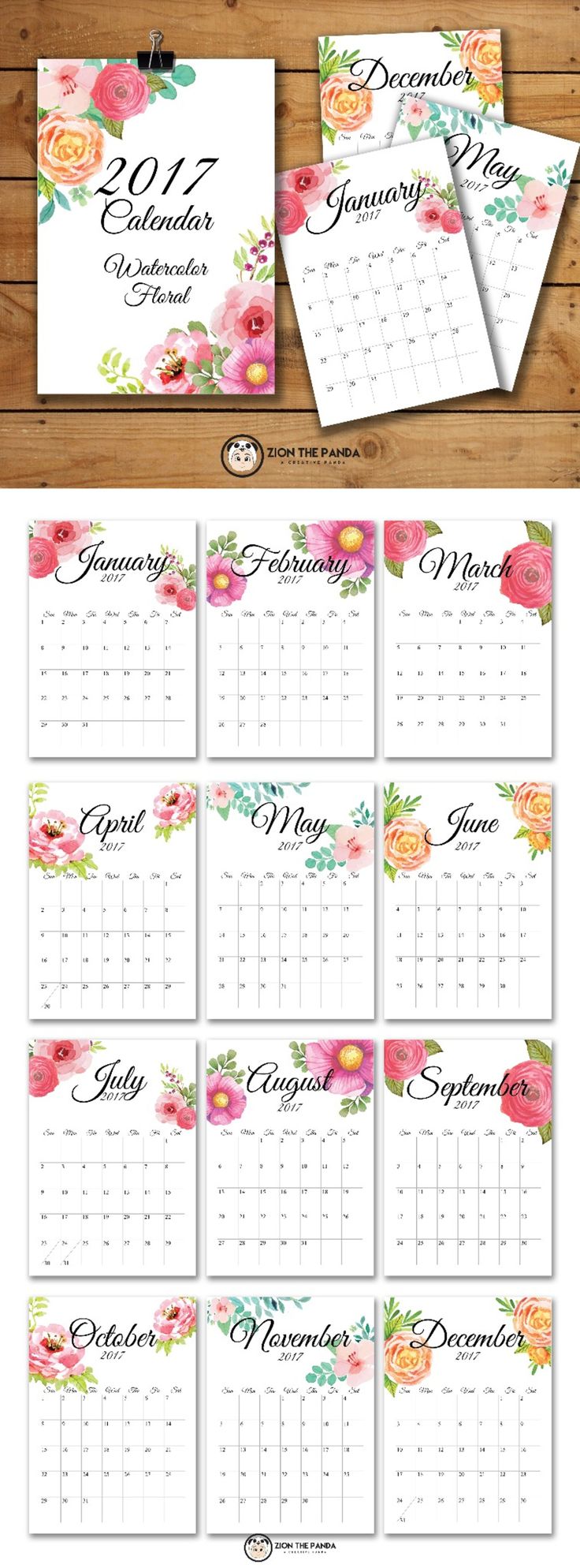 2017 Monthly CalendarWatercolor Floral designYou will get a rar file containing 12 individual month plus title