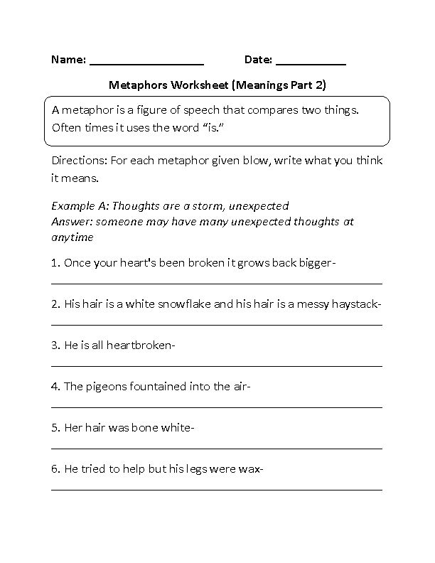 Metaphors Meanings Worksheet Part 2 Similes and metaphors, Writing