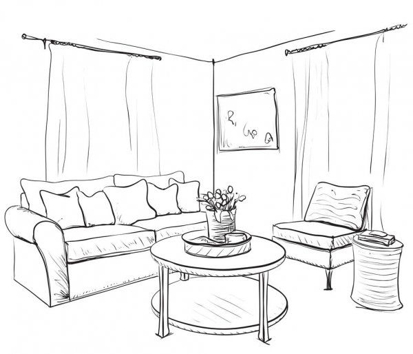 esquisse interieure de la piece canape et meubles dessines a la main illustration en 2021 interieur dessin d architecture dessin architecture dessin decoration